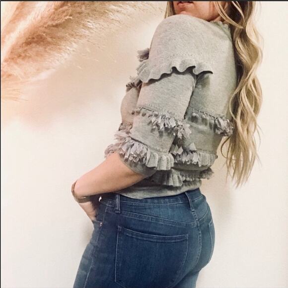 ANTHROPOLOGIE Knitted Knotted Ruffle Pom Fringe Stripe Grey Gray Sweater Top S - Picture 3 of 7